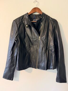 Cole Haan Black Lamb Leather Moto Jacket Asymmetrical Zip Medium